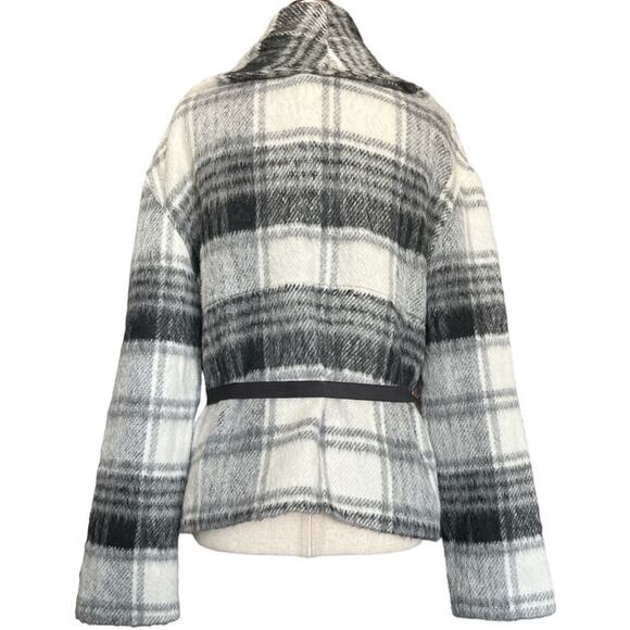 NWT BB Dakota Wool Blend Black White Grey Plaid Wrap Belted Jacket Sz M - Picture 4 of 12